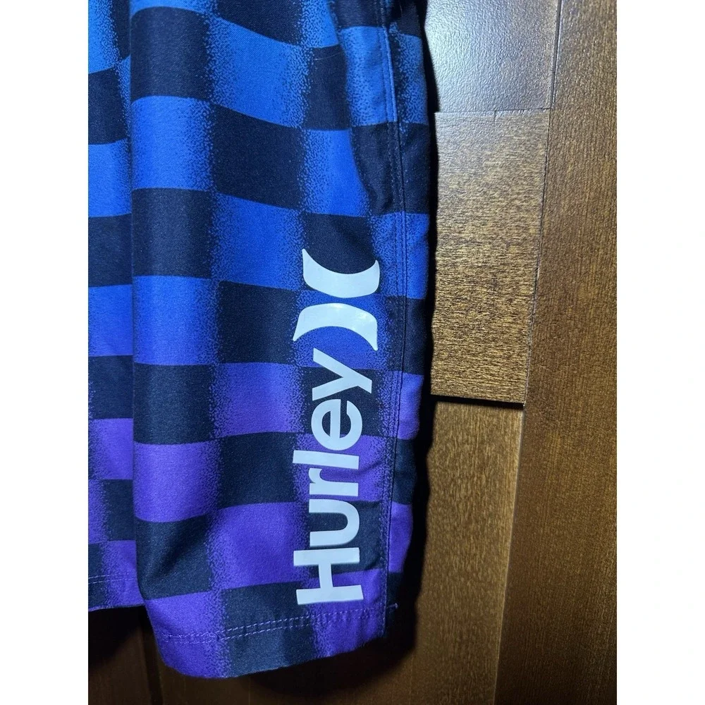 Hurley Board Shorts Mens 20x30 Blue Green Purple Checkered Swim Trunks‎